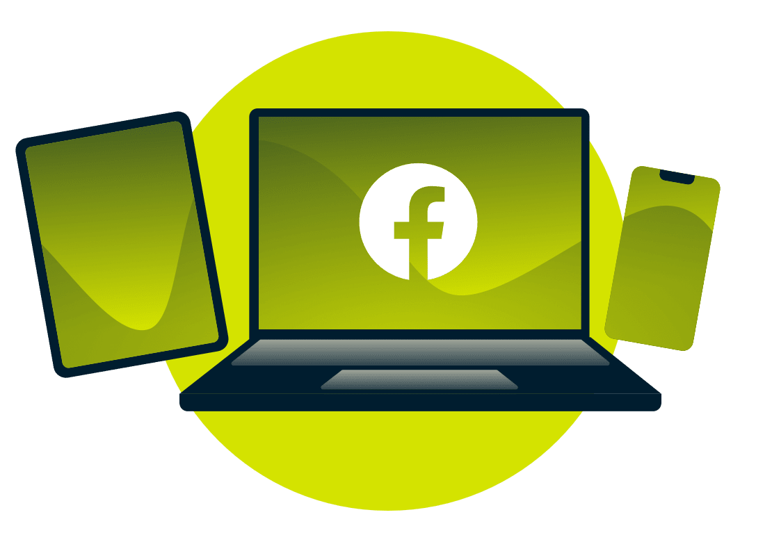 Een laptop, tablet en telefoon, met het Facebook logo.